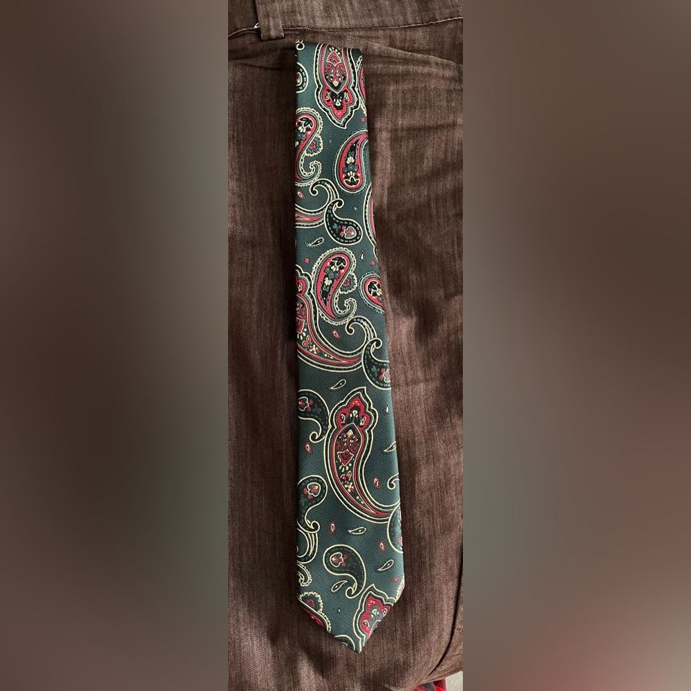 Twenty-Dolllar Tie (brand) which is green paisley Men’s Neck Tie